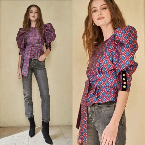 Hunter Bell Presley Top In Ikat Rouge Peplum Ruffle Puff Sleeve size 6 - Picture 1 of 9